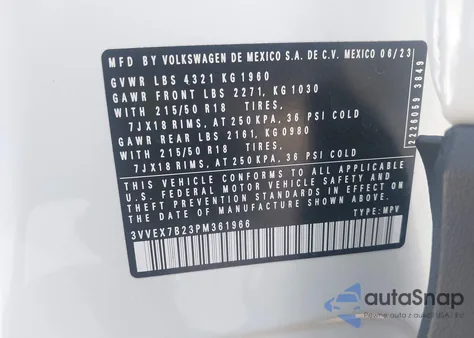 2023 Volkswagen Taos 1.5T Se z USA, uszkodzony, nr VIN 3VVEX7B23PM361966